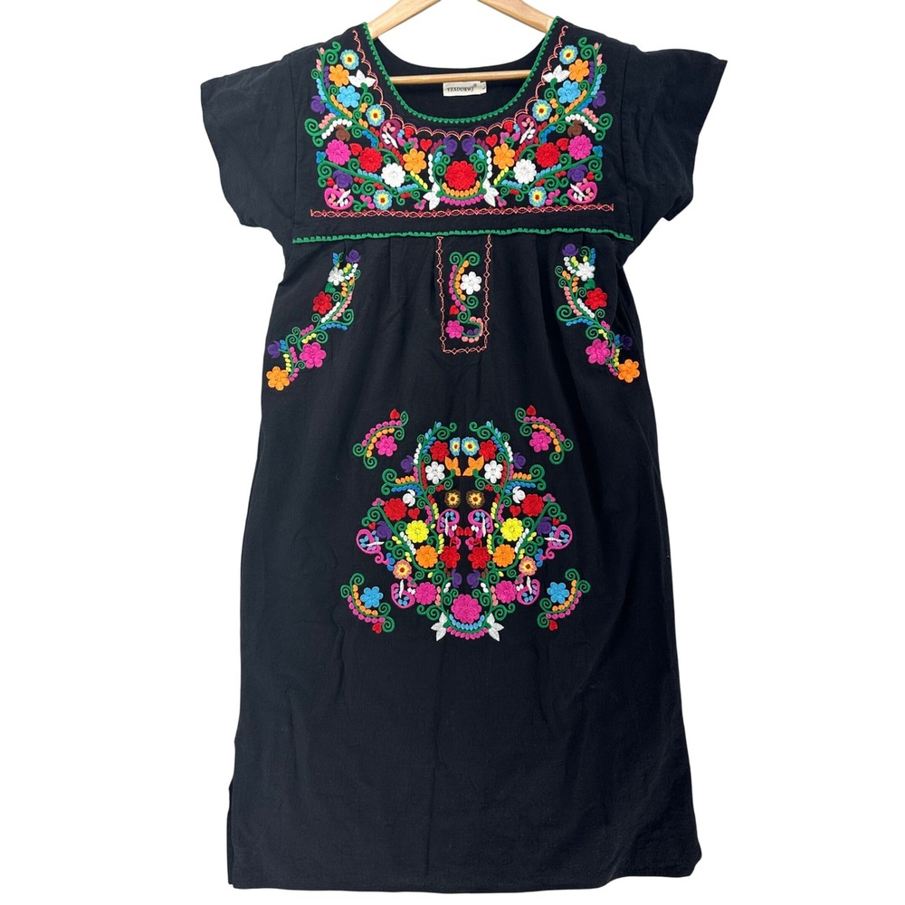 YZXDORWJ Mexican Floral Embroidered Boho Peasant Dress Black Cotton Midi SZ L